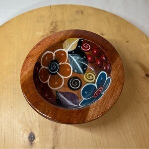 Mexican Hand Painted Wood Bowl Signed Folk Art Boho Flowers PTO Vallarta Blue 5”